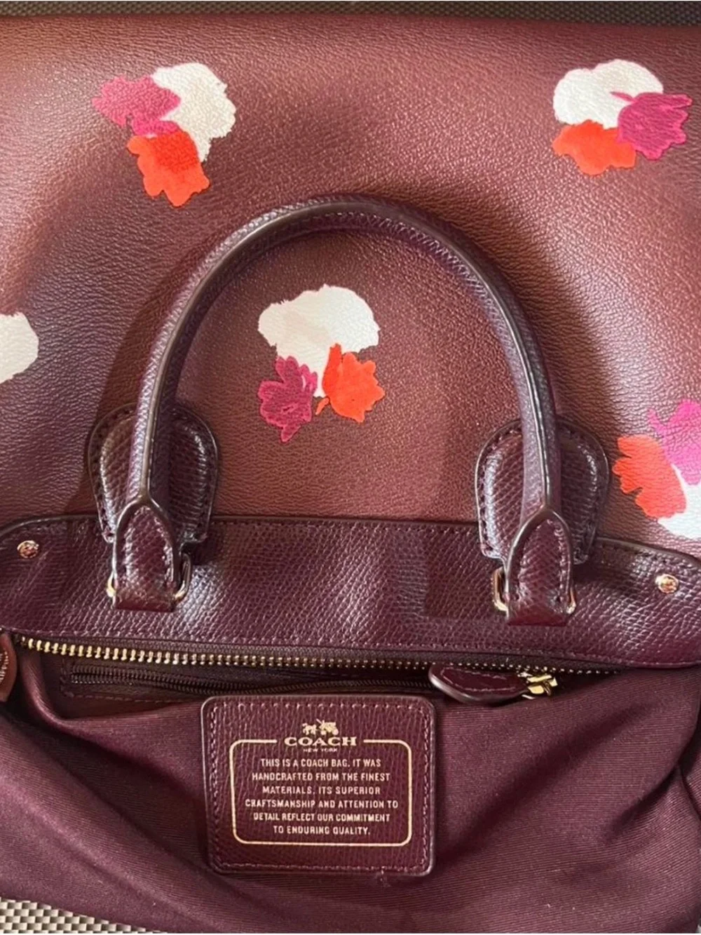 Coach Maroon Floral Leather Satchel with Pink and Orange Accents